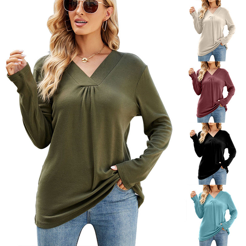 Women's Casual V Neck Long Sleeve Loose T Shirt In Solid Color