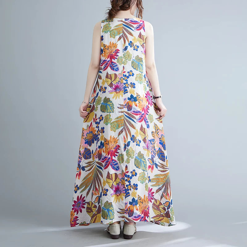 Langes Kleid aus Baumwoll-Leinen-Mischgewebe mit Blumenmuster
