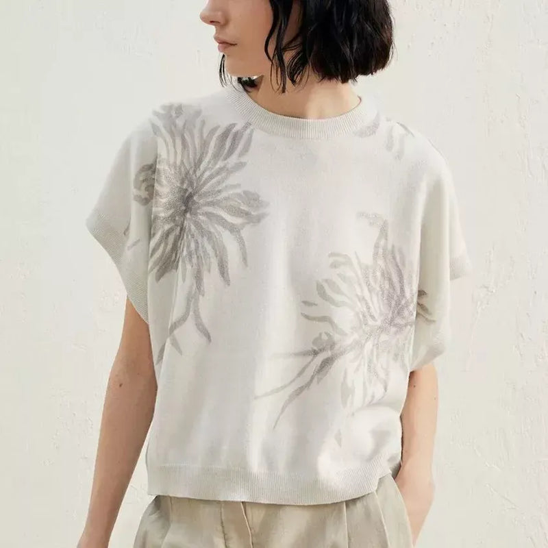 Pullover aus Kaschmir-Seide-Mischgewebe mit Algen-Blumenmuster