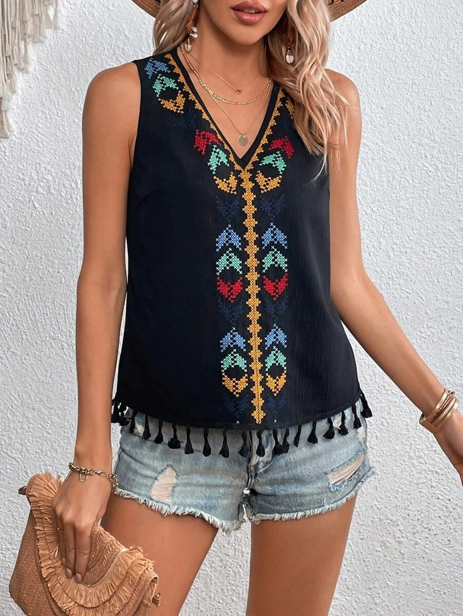 Women's Summer Ethnic Style V-neck Embroidery Vest Top