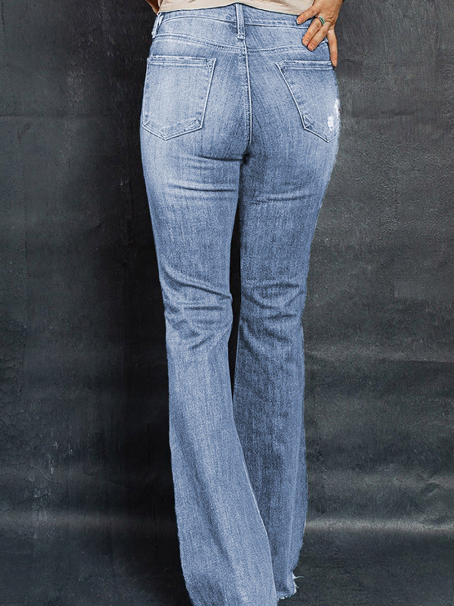 Women's High Waist Slim Jeans Washed And Frayed Wide Leg Pants Trousers