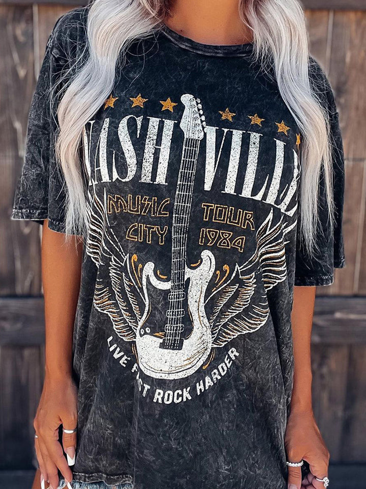 Personalized Solid Color Guitar Vintage Print Pullover Round Neck Mid-length Short Sleeve Women