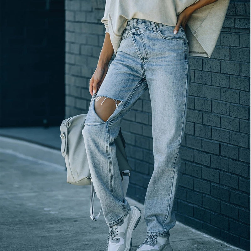 Torn edge hole casual denim pants - MRSLM