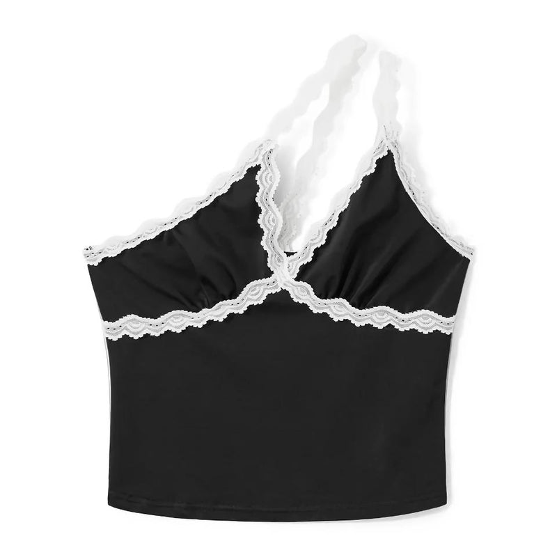 Blusa de alças assimétrica com detalhes em renda para o verão