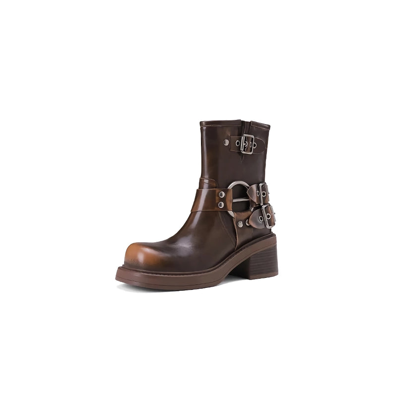 Botas de cano curto femininas retrô estilosas para motociclistas com fivelas.