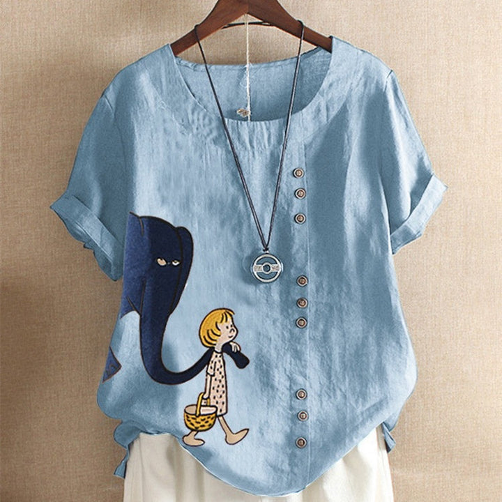 Women's Fashion Cartoon Printed Cotton And Linen Loose Casual Short-sleeved T-shirt