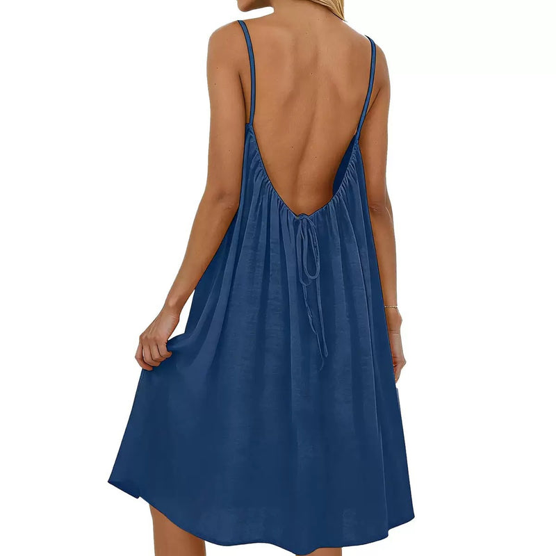 solid color strap backless dress, view 12 - MRSLM