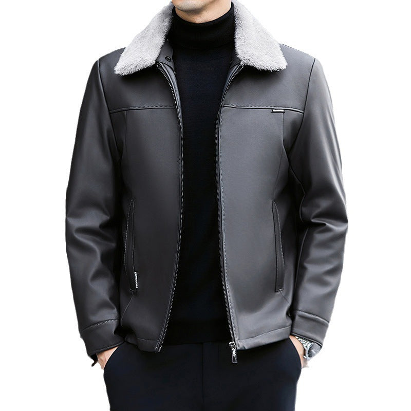 PU Leather Jacket Men's Autumn And Winter Middle-aged Father Thickened