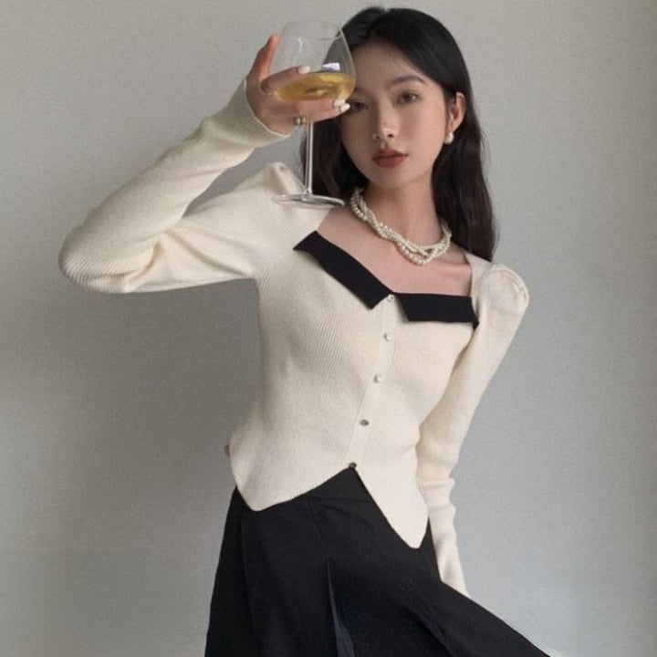 Irregular Color-blocked Collarbone Puff Sleeve Sweater