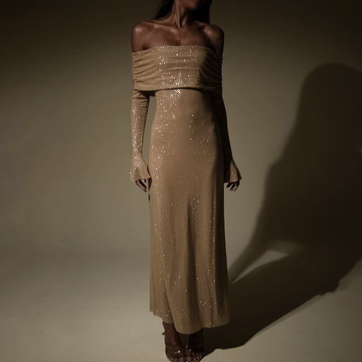 slim-fit off-neck long dress, view 10 - MRSLM
