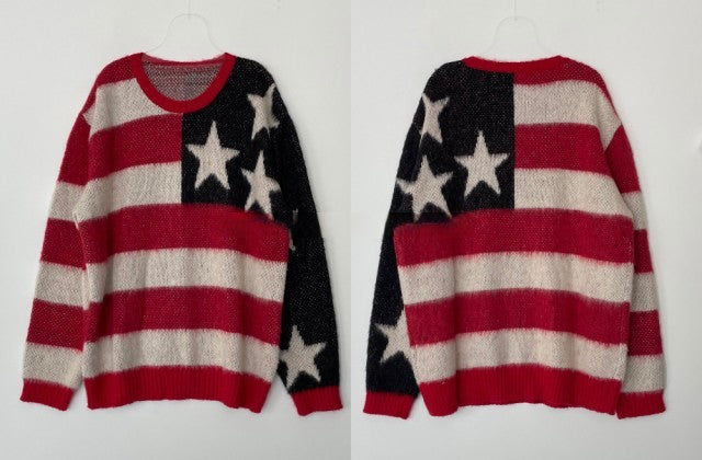 American Vintage Street Fashion Star Stripe Spliced Round Neck Loose Sweater