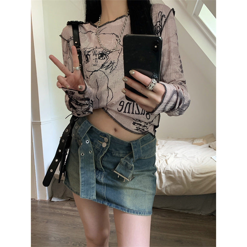 women's pink printed long sleeve cropped t-shirt, view 3 - MRSLM
