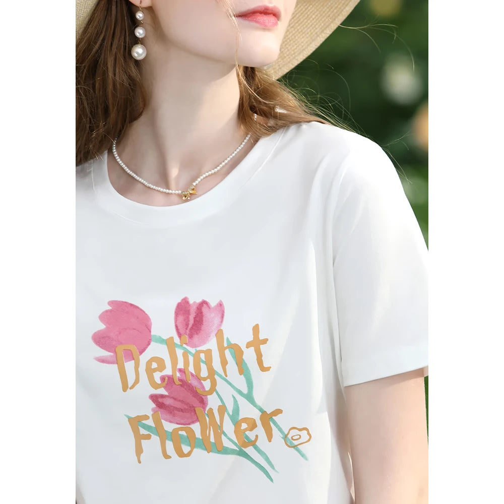 Tulip Print Slim-Fit Cotton T-Shirt for Women