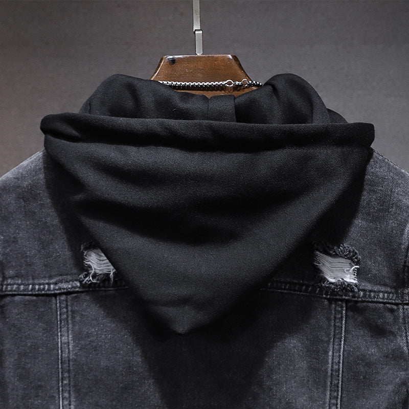 Herren-Freizeitjacke mit abnehmbarer Kapuze und Löchern, Jeansjacke
