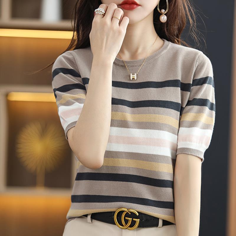 Striped Knitted Short Sleeve Women