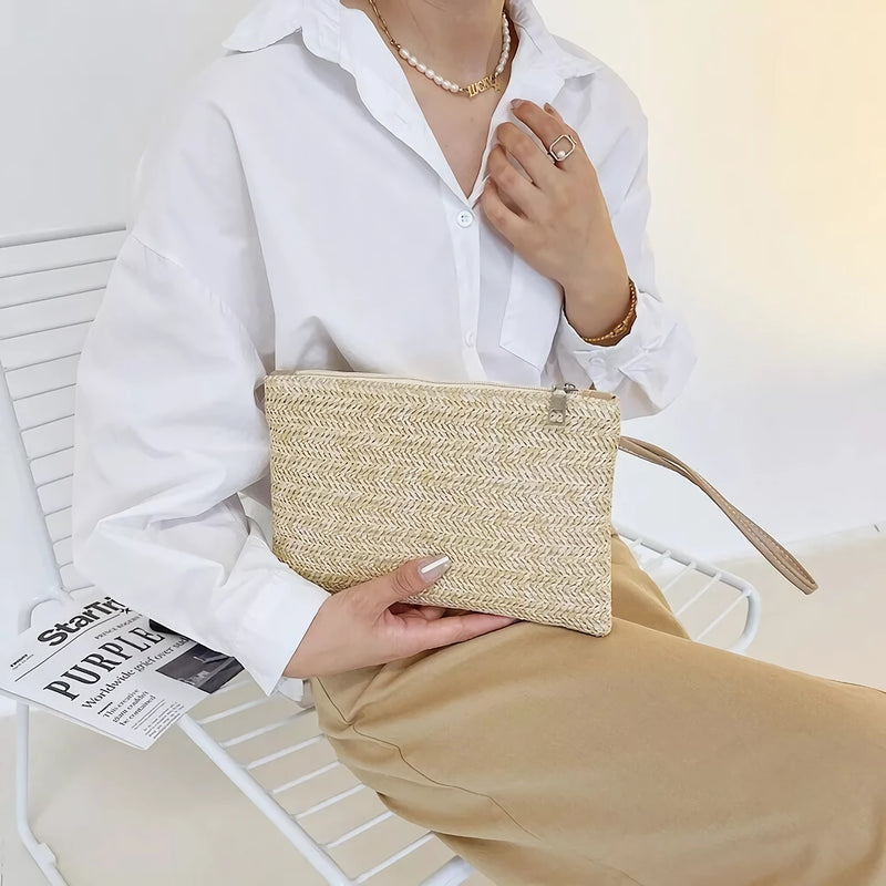 bohemian straw woven clutch, view 3 - MRSLM