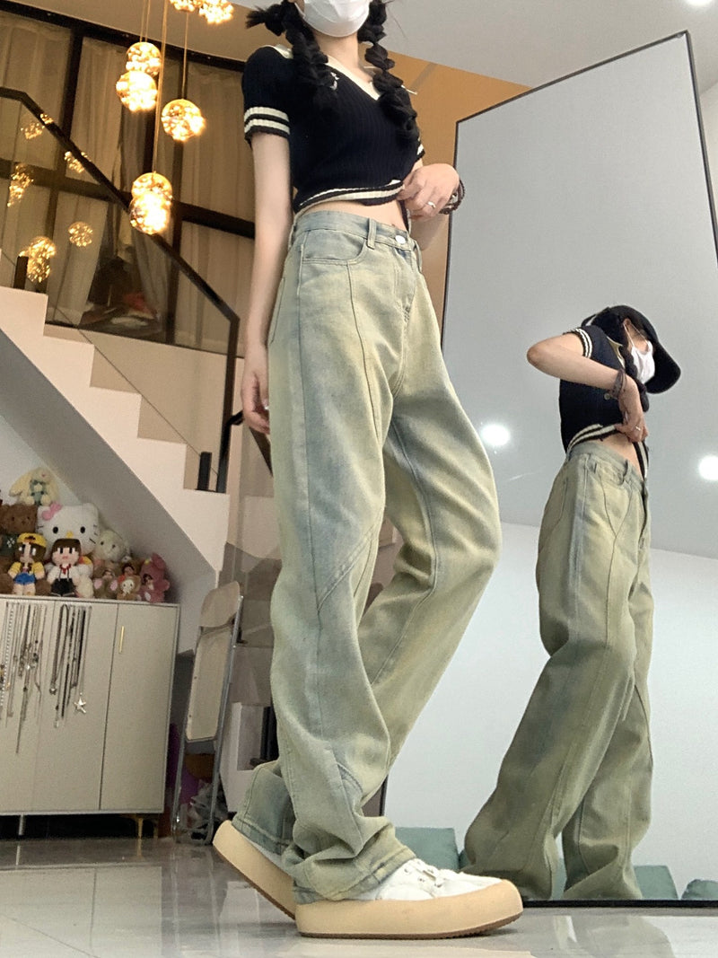 Used-Look-Jeans in Gelb mit Schlammmuster, Damen, locker geschnitten, leicht ausgestellt, gerader Schnitt, lässig