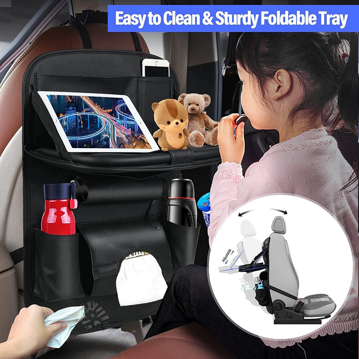 Luxury PU Leather Car Seat Back Organizer with Foldable Tray