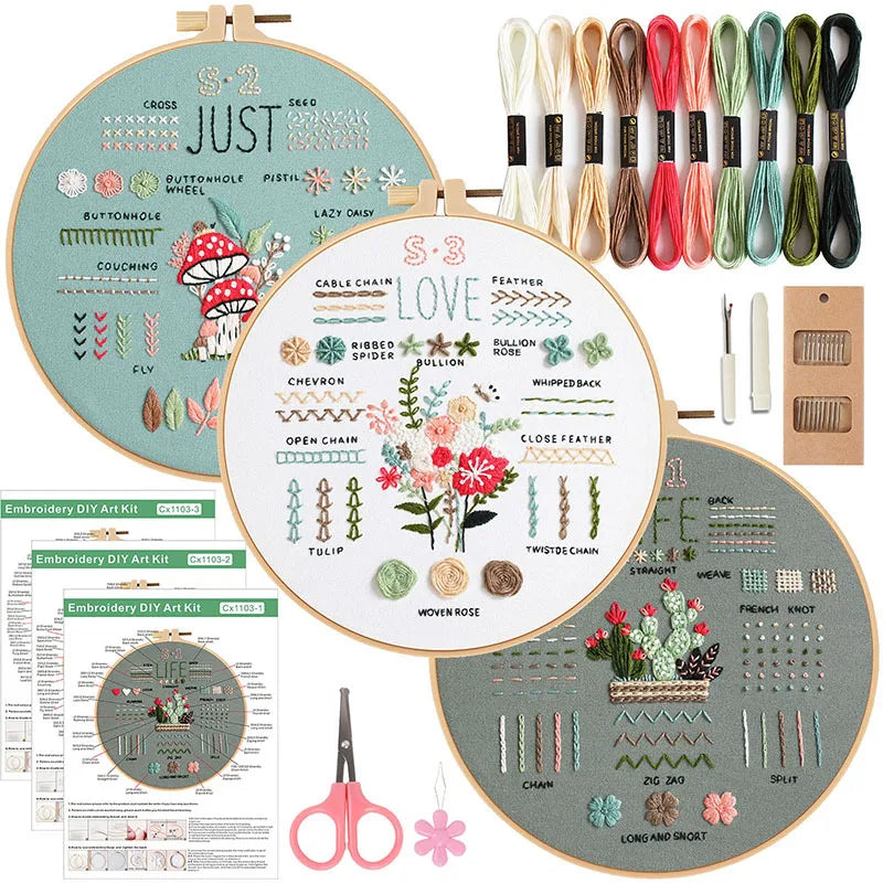 Kit de bordado para iniciantes com 3 peças