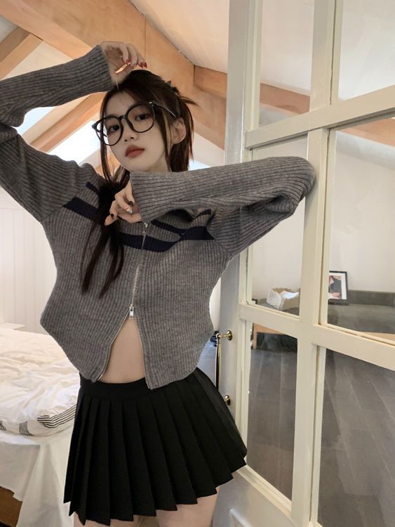 Casual Stand Collar Zipper Sweater Coat Slim Top For Women