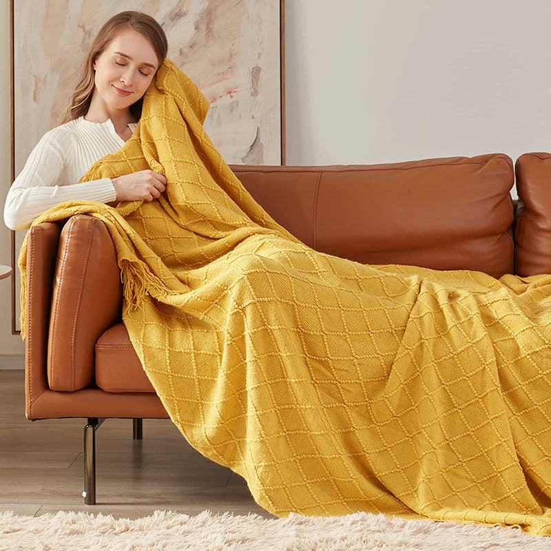 mustard yellow knitted throw blanket, view 3 - MRSLM