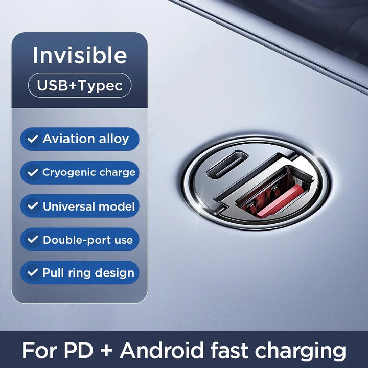 Carregador veicular de 30 W com duas portas – Adaptador mini USB tipo C para carregamento rápido com anel de puxar