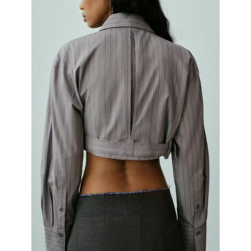 Elegant Spliced Belt Long Sleeve Casual Shirt for Women