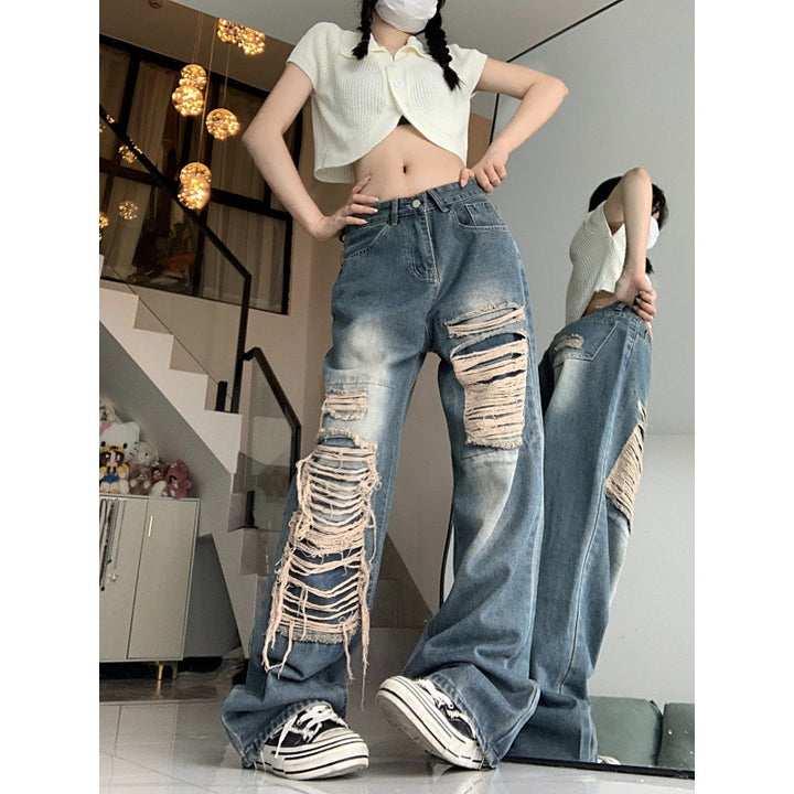 Fashion Holes Jeans Women's Retro High Waist