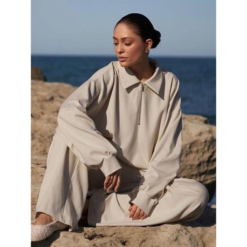 Elegant Two-Piece Set: Casual Long Sleeve Shirt & High-Waist Wide Leg Pants