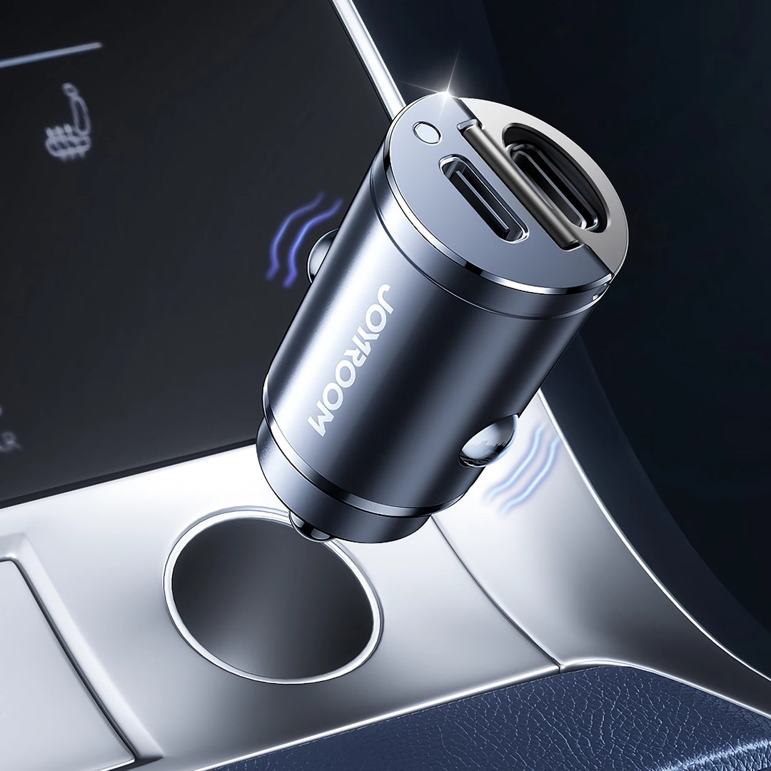 Carregador veicular de 30 W com duas portas – Adaptador mini USB tipo C para carregamento rápido com anel de puxar