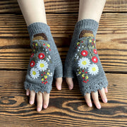 embroidered floral knitted half finger gloves, view 2 - MRSLM