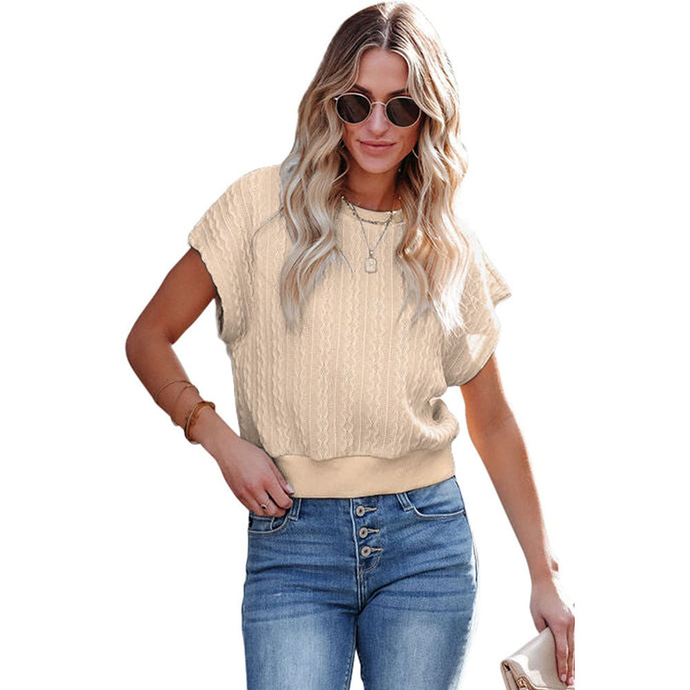Knitted Texture Short-sleeved Shirt European And American Solid Color Round Neck Slim Pullover