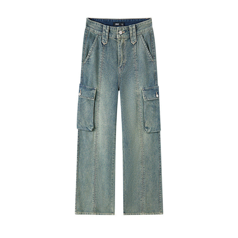 Jeans mit Used-Look und weitem Bein