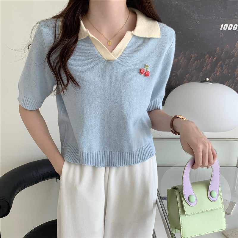3d cherry loose short sleeve knit top - MRSLM