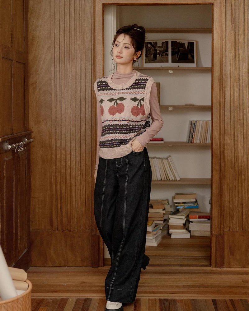 Ärmellose Strickweste im Vintage-Stil mit Kirschjacquard-Muster