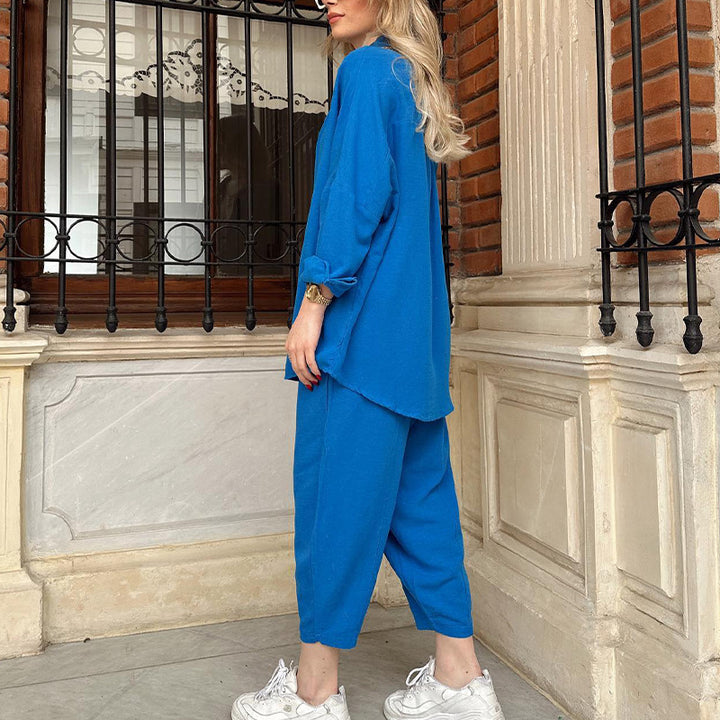 Independent Station Cross-border New Fashion Casual Suit Versatile Loose Shirt High Waist Skinny Pants Two-piece Set