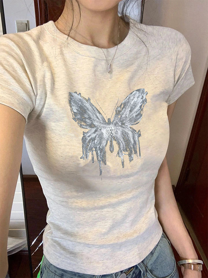 Butterfly Print Short Sleeve Shoulder Women's Summer