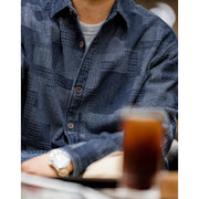 men's retro denim patchwork shirt, view 6 - MRSLM