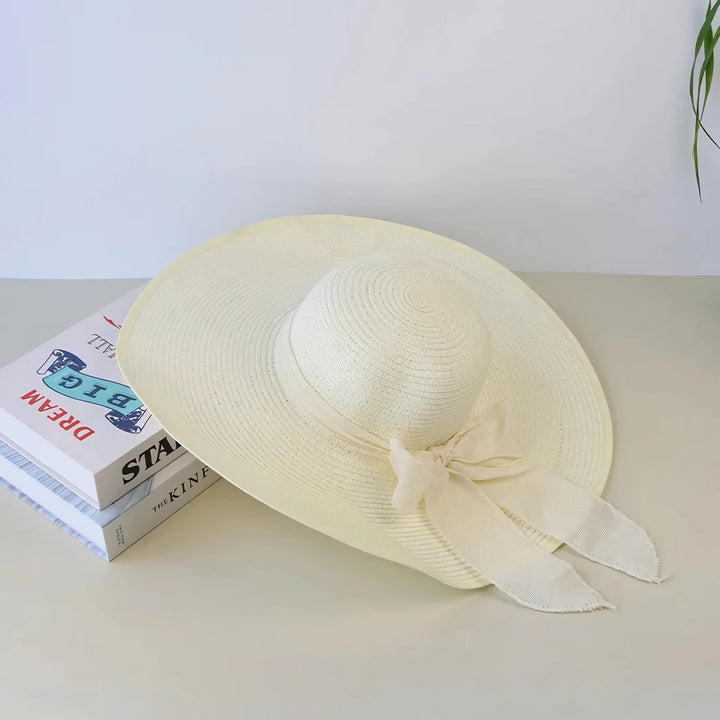 Straw Hat with Wide Brim & Bowknot