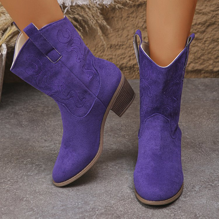 Plus Size Square Heel Round Head V Cut Women's Mid Boots