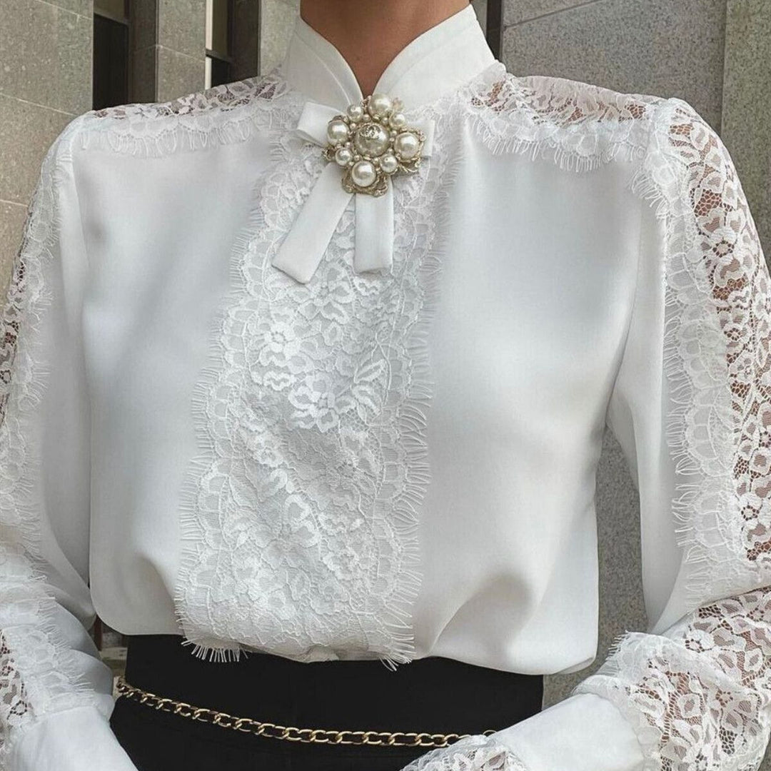 Women's Long Sleeve Lace Top Solid Color Shirt