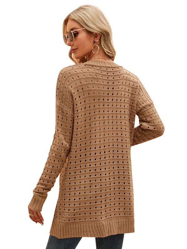 Women's Solid Color Hollow-out Knitted Cardigan Loose Sweater Coat