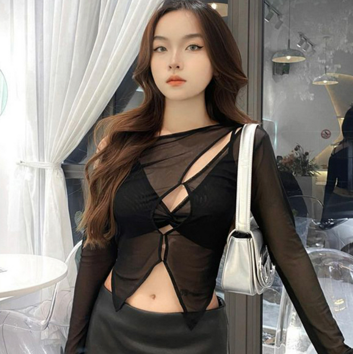 Off-shoulder Hollow-out Flared Sleeves Long Sleeves Two-piece T-shirt