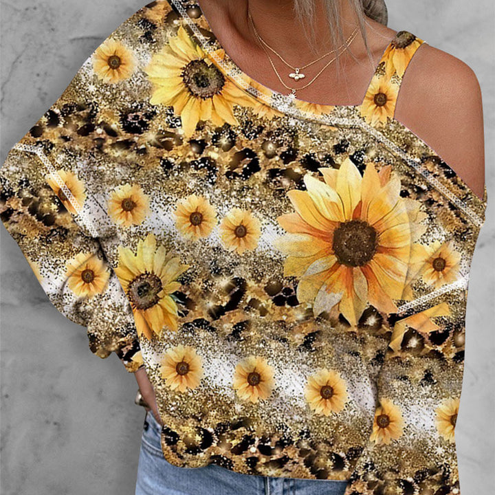 Women's Oblique Shoulder Pullover T-shirt SUNFLOWER Printed Casual Loose Top