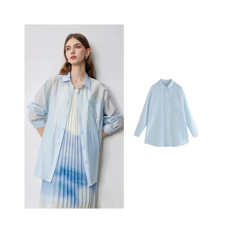 Blusa feminina elegante em Tencel Lyocell com gola dobrável.