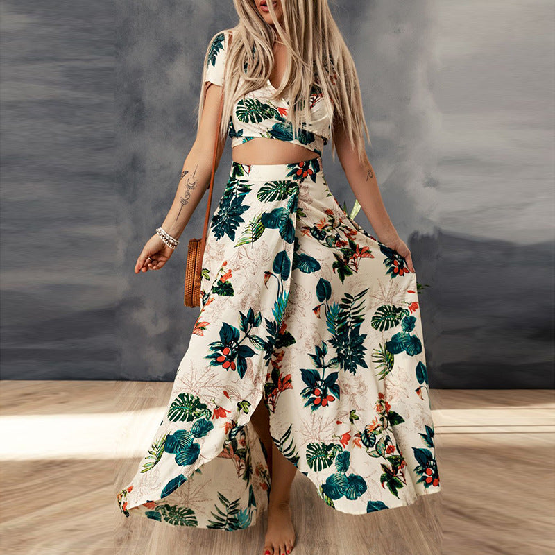 Summer Beach Style Plant Printed V-neck Short Sleeve Top High Waist Skirt