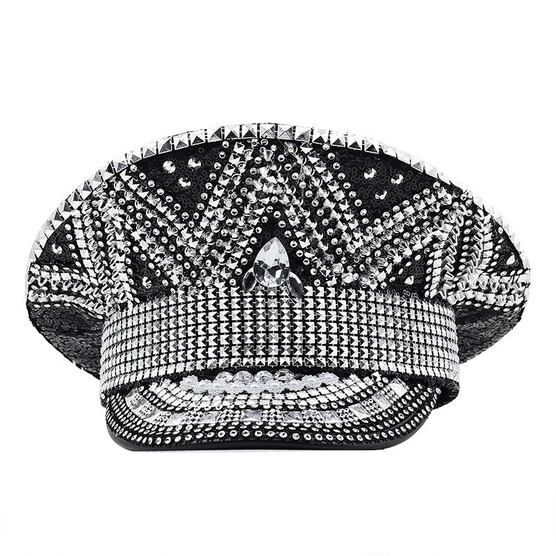 All-match Party Carnival Flat Top Punk Black Paillette Diamond Photography Hat