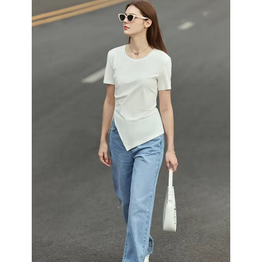 minimalist asymmetric o-neck short sleeve tee, view 2 - MRSLM