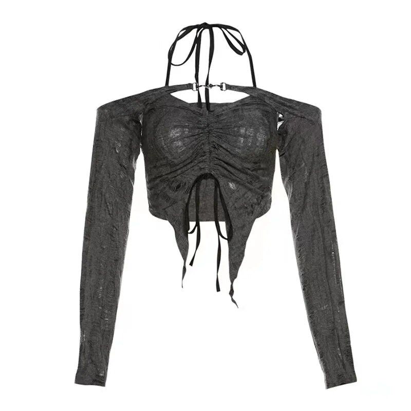 ripped drawstring halter top, view 2 - MRSLM