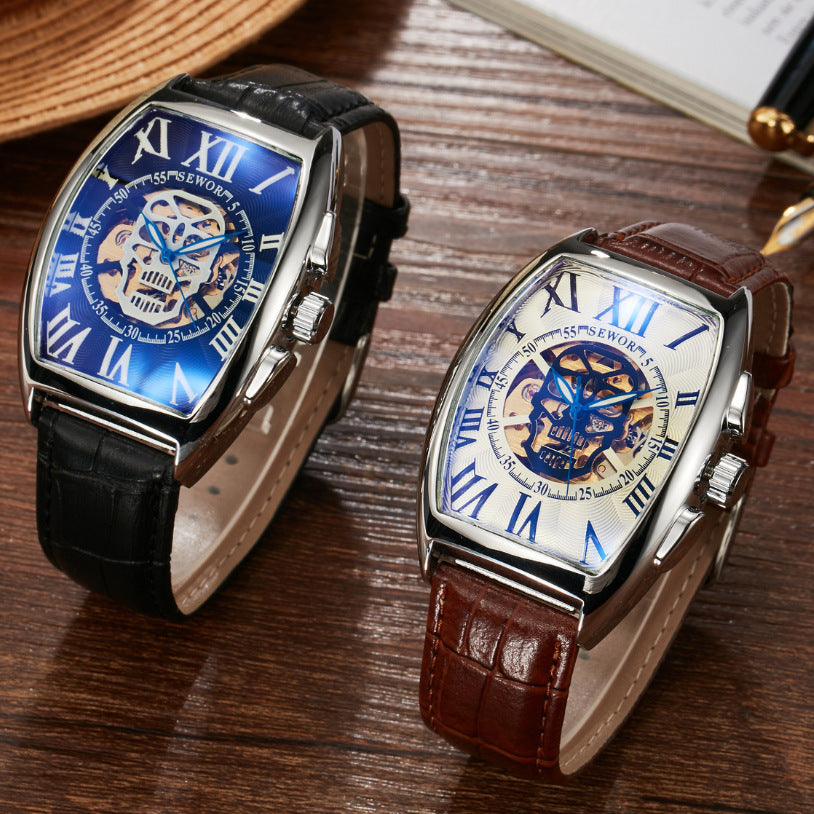 Mechanische Herrenuhr im Weinfass-Design, quadratisch, hohl, transparenter Boden